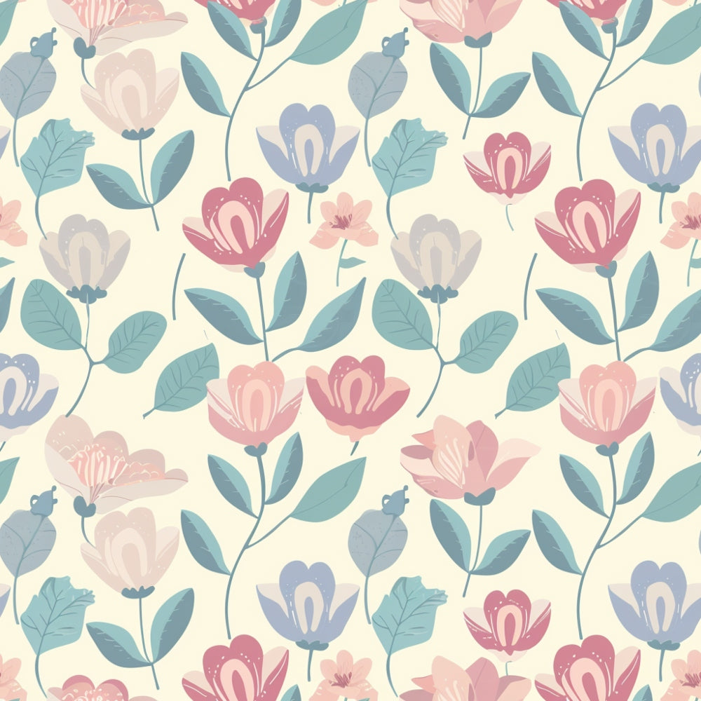 Floral pattern with pink, purple, and blue flowers and green leaves on a light background.