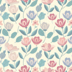 Floral pattern with pink, purple, and blue flowers and green leaves on a light background.