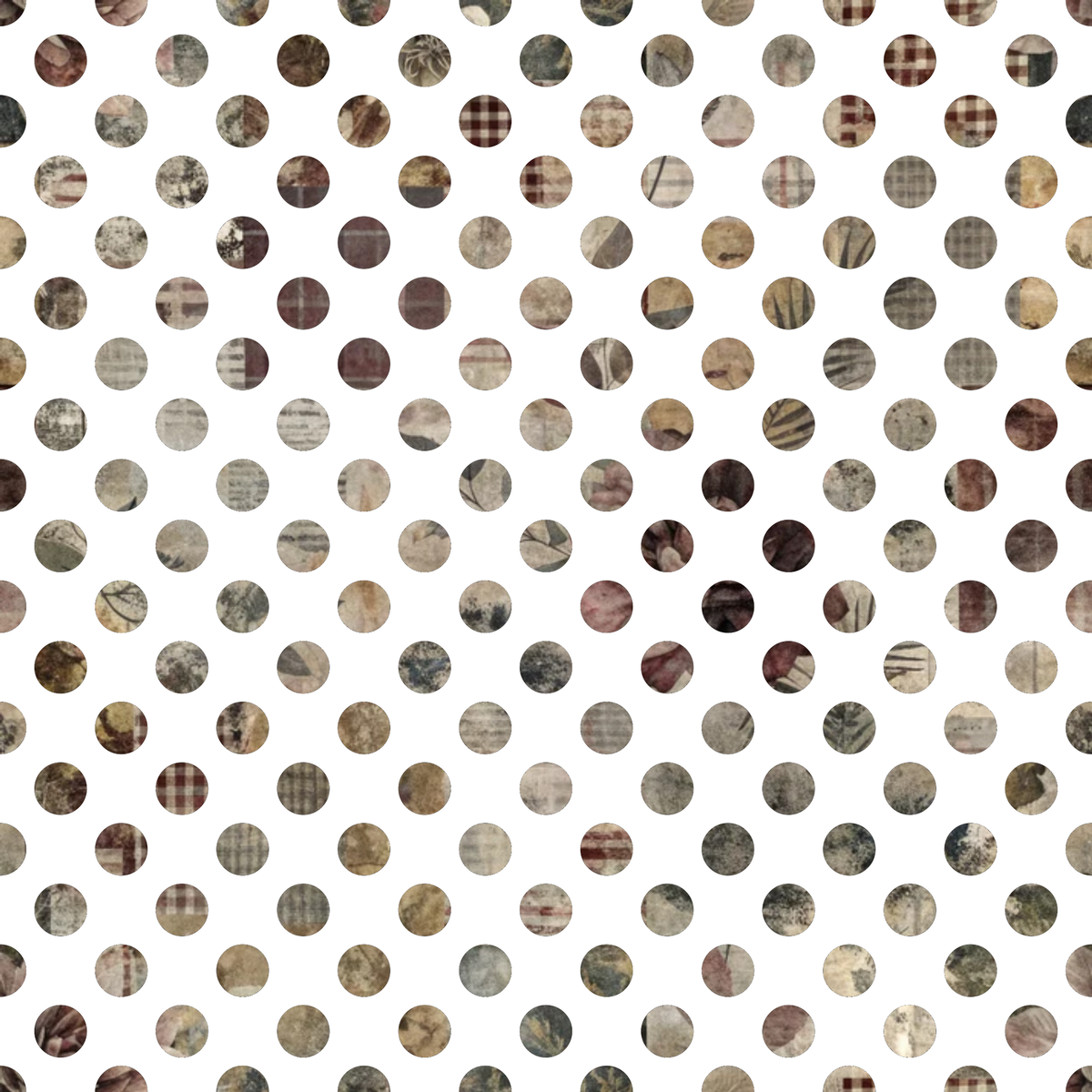 fabric panel, polka dots, circular pattern, brown tones, beige, tan, cream, burgundy, muted colors, earth tones, geometric design, repeating pattern, neutral palette, vintage textures, patchwork style, cotton fabric, quilting material, coordinating prints, warm colors