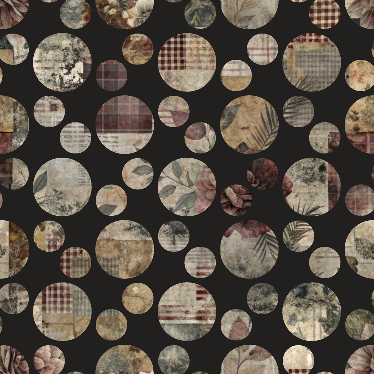 burgundy, beige, cream, brown, black background, polka dots, circles, botanical leaves, floral motifs, plaid patterns, checkered design, vintage style, distressed textures,, fabric panel, autumn colors, muted tones, mixed patterns, rustic aesthetic, patchwork style