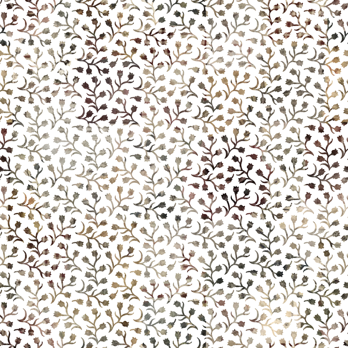 fabric panel, floral pattern, botanical design, branching vines, small flowers, neutral tones, beige, taupe, brown, gray, cream, white background, delicate leaves, repeating motif, nature inspired, soft palette, muted colors, organic shapes, flowering branches