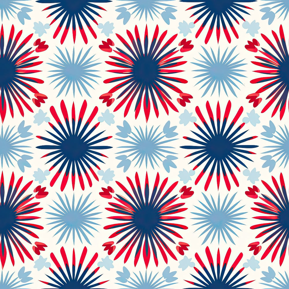 Patriotic July Pattern 20 Fabric - red, white, blue, starburst design, fireworks motif, floral shapes, patriotic colors, quilting material, cotton textile, traditional print style, premium quilting fabric, American inspired pattern, craft fabric, sewing cotton, festive holiday theme.
