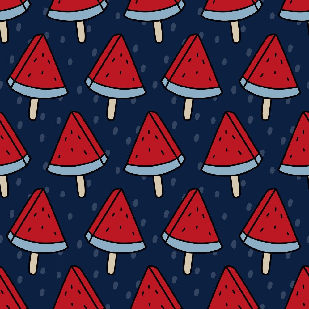 '- Patriotic July Pattern 5 Fabric - Red, navy blue, beige - Watermelon slice design - Summer theme - Cotton textile - Quilting material - Seasonal print - Soft texture - Durable cloth