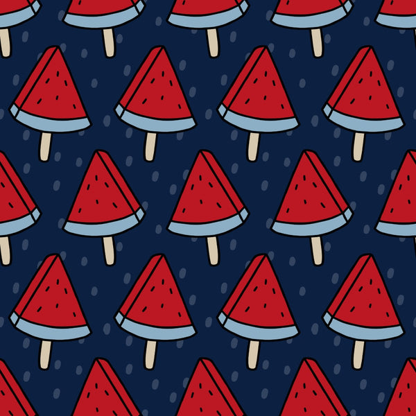 '- Patriotic July Pattern 5 Fabric - Red, navy blue, beige - Watermelon slice design - Summer theme - Cotton textile - Quilting material - Seasonal print - Soft texture - Durable cloth