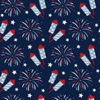 Patriotic July Pattern 7 Fabric with red, white, blue colors, fireworks, stars, rockets, festive design, Americana, celebratory, holiday theme, cotton textile, quilting material, seamless print, patriotic motif, traditional style
