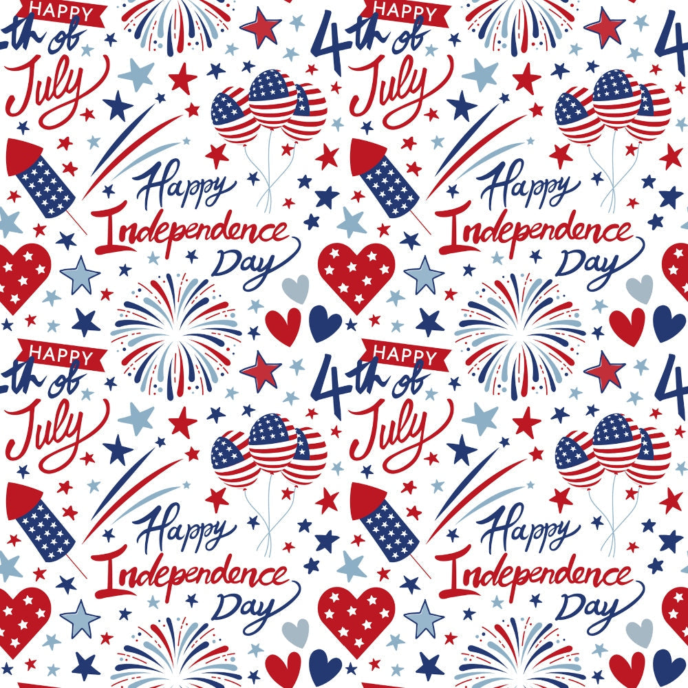 Patriotic July Pattern 8 Fabric with red, white, and blue fireworks, stars, hearts, balloons with American flag designs, "Happy Independence Day" and "4th of July" text, patriotic theme, quilting fabric, cotton textile, holiday print, festive cotton fabric.