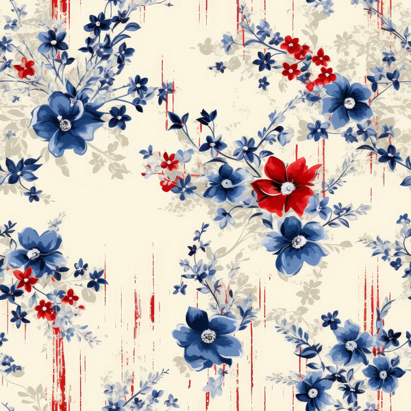 Floral pattern with blue and red flowers and green leaves on a beige background, featuring vertical red streaks.
