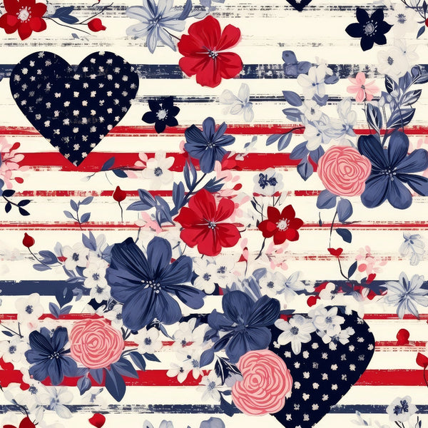 Floral pattern with red, white, and blue flowers and heart shapes on striped background.