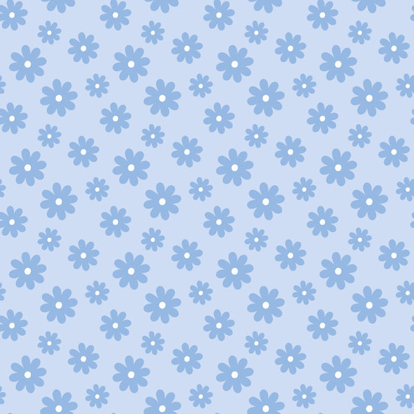 Light blue background with a pattern of darker blue, evenly spaced, stylized flowers.