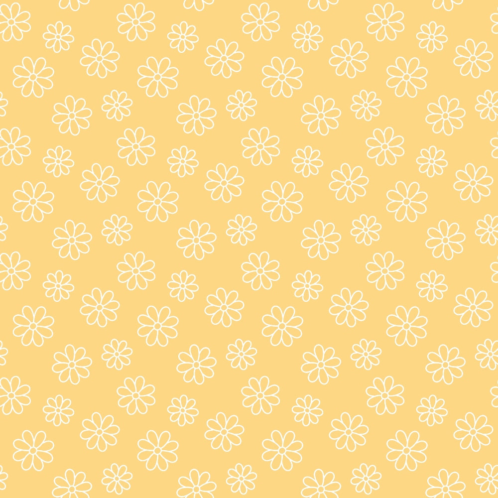 Pattern of white outlined flowers on a yellow background.