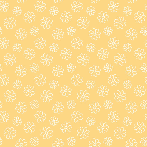 Pattern of white outlined flowers on a yellow background.