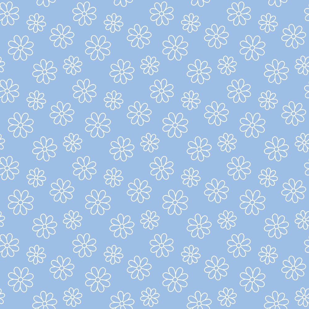 Pattern of white outlined flowers on a light blue background.