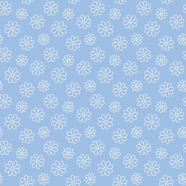 Pattern of white outlined flowers on a light blue background.
