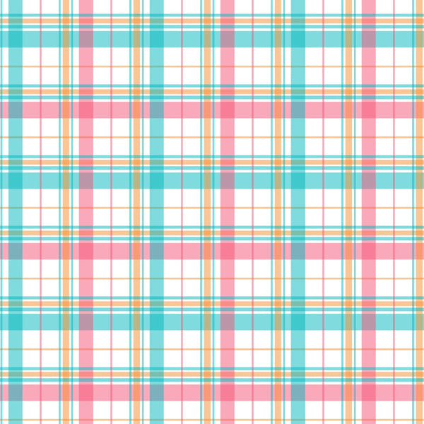 A plaid pattern featuring intersecting lines in pink, turquoise, and orange on a white background.