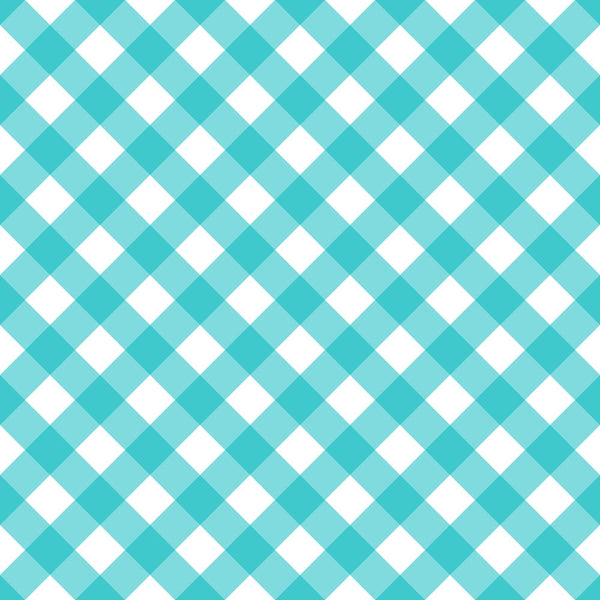 Teal and white gingham pattern with diagonal checkered design and alternating squares.
