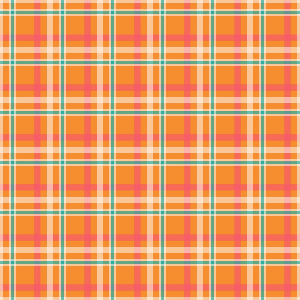 A colorful plaid pattern with intersecting orange, pink, white, and teal lines forming squares.