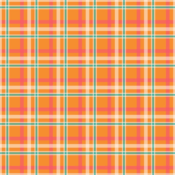 A colorful plaid pattern with intersecting orange, pink, white, and teal lines forming squares.