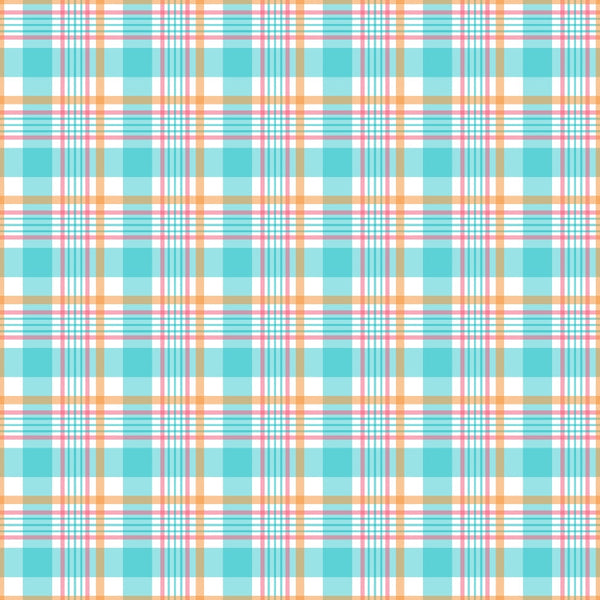 Plaid pattern featuring turquoise, orange, and white intersecting stripes.