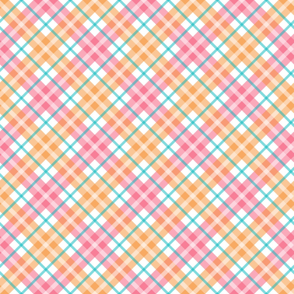 A colorful plaid pattern featuring intersecting lines and squares in pink, orange, and teal on a white background.