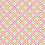 A colorful plaid pattern featuring intersecting lines and squares in pink, orange, and teal on a white background.
