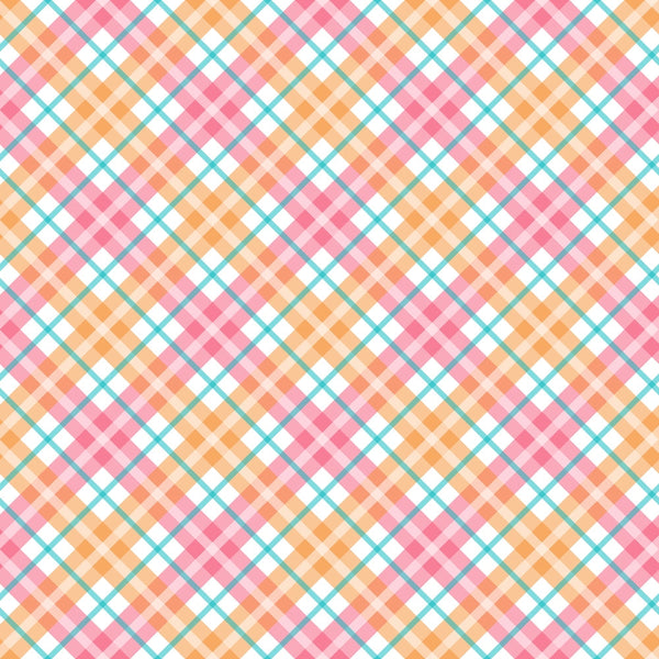 A colorful plaid pattern featuring intersecting lines and squares in pink, orange, and teal on a white background.