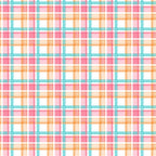 Pattern of intersecting orange, pink, and teal lines forming a plaid design on a white background.