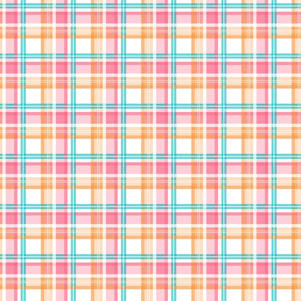 Pattern of intersecting orange, pink, and teal lines forming a plaid design on a white background.