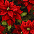 red poinsettias, crimson flowers, green foliage, tropical leaves, floral pattern, botanical design, christmas flowers, holiday blooms,, fabric panel, festive florals, winter botanicals, poinsettia petals, emerald leaves, seasonal flowers, vibrant red, forest green, floral motifs, cotton fabric, quilting material