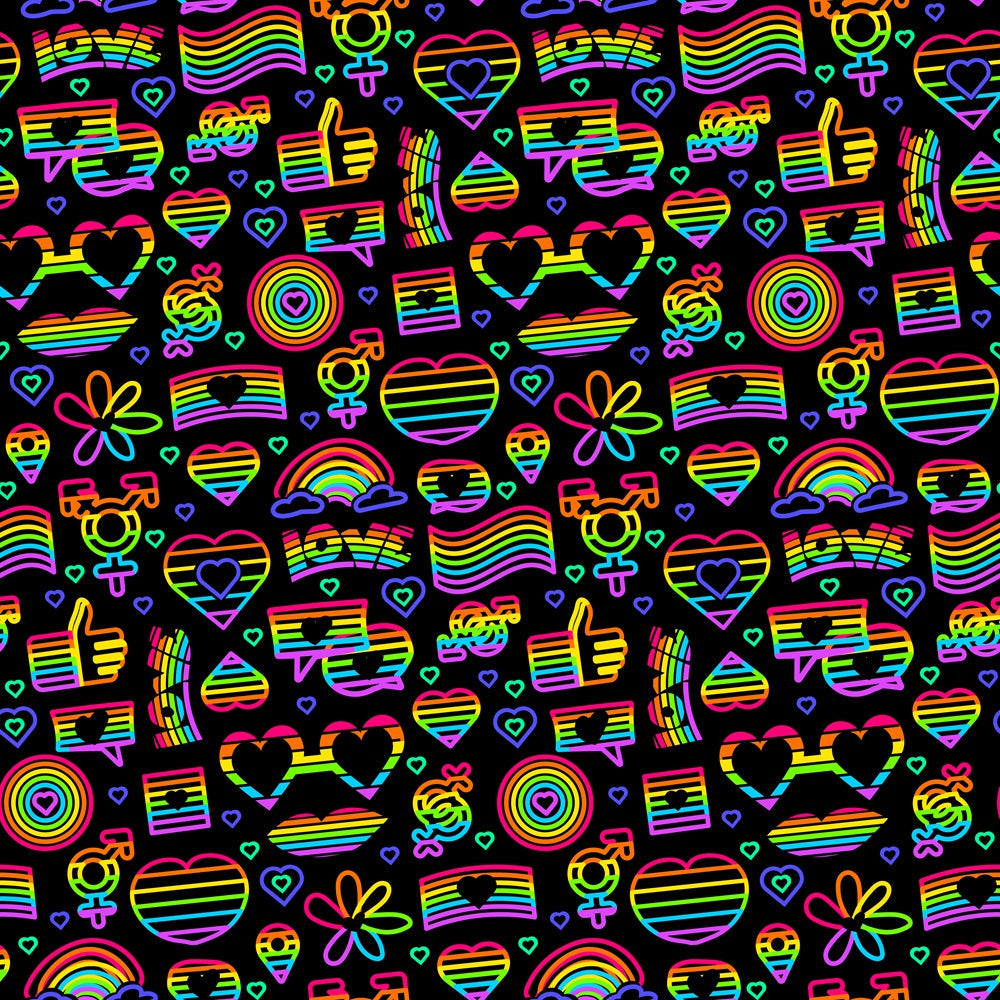 Pride Neon Outline Fabric with rainbow colors, LGBTQ+ pride symbols, hearts, flowers, thumbs up, love text, peace signs, and gender symbols on black background, quilting material, vibrant, colorful, festive, supportive, bright, pattern, cotton textile.