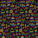 Pride Neon Outline Fabric with rainbow colors, LGBTQ+ pride symbols, hearts, flowers, thumbs up, love text, peace signs, and gender symbols on black background, quilting material, vibrant, colorful, festive, supportive, bright, pattern, cotton textile.