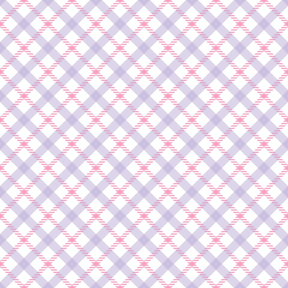Pattern of alternating light purple and pink plaid squares on a white background.