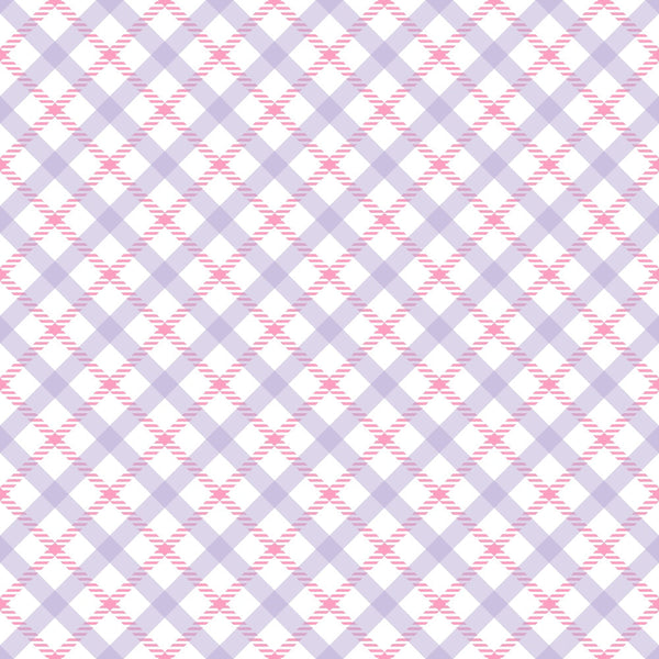 Pattern of alternating light purple and pink plaid squares on a white background.