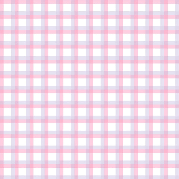 A seamless pink and white plaid pattern with thin blue lines on a blank background.