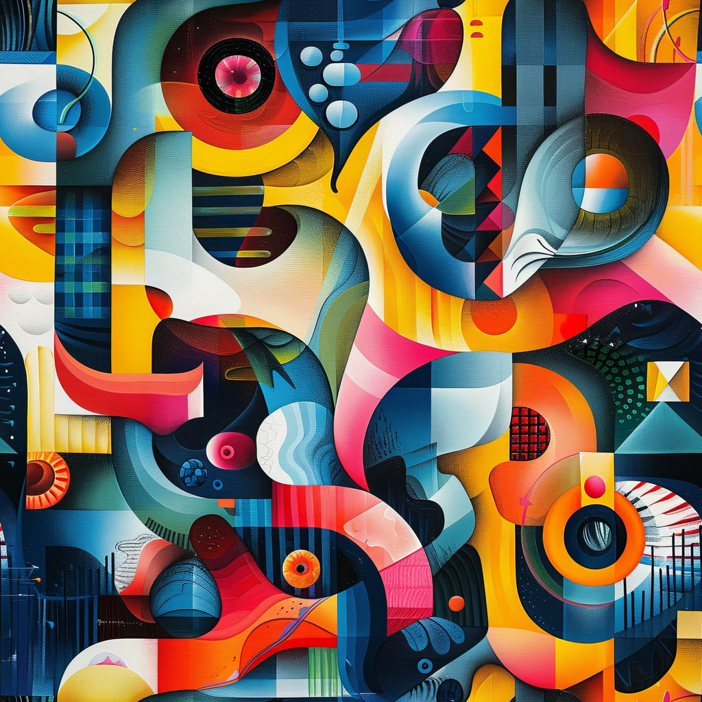 psychedelic, abstract art, geometric shapes, vibrant colors, blue, orange, yellow, red, pink, turquoise, circles, curves, swirls, modernist style, retro design, optical illusion, kaleidoscope effect,, fabric panel, contemporary art, artistic pattern, colorful composition