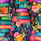 Blooming Library Pattern 10 fleece fabric with colorful books, vivid flowers and leafy sprigs on a deep navy background
