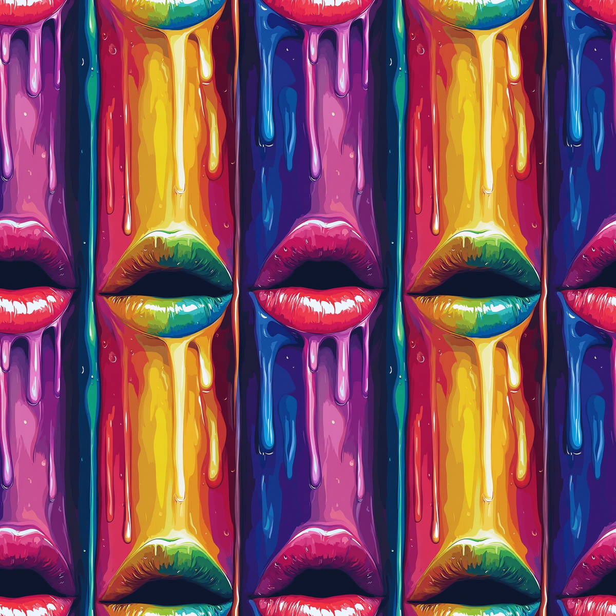 Pattern of colorful lips and dripping paint in vibrant rainbow shades, arranged in a tiled fashion.