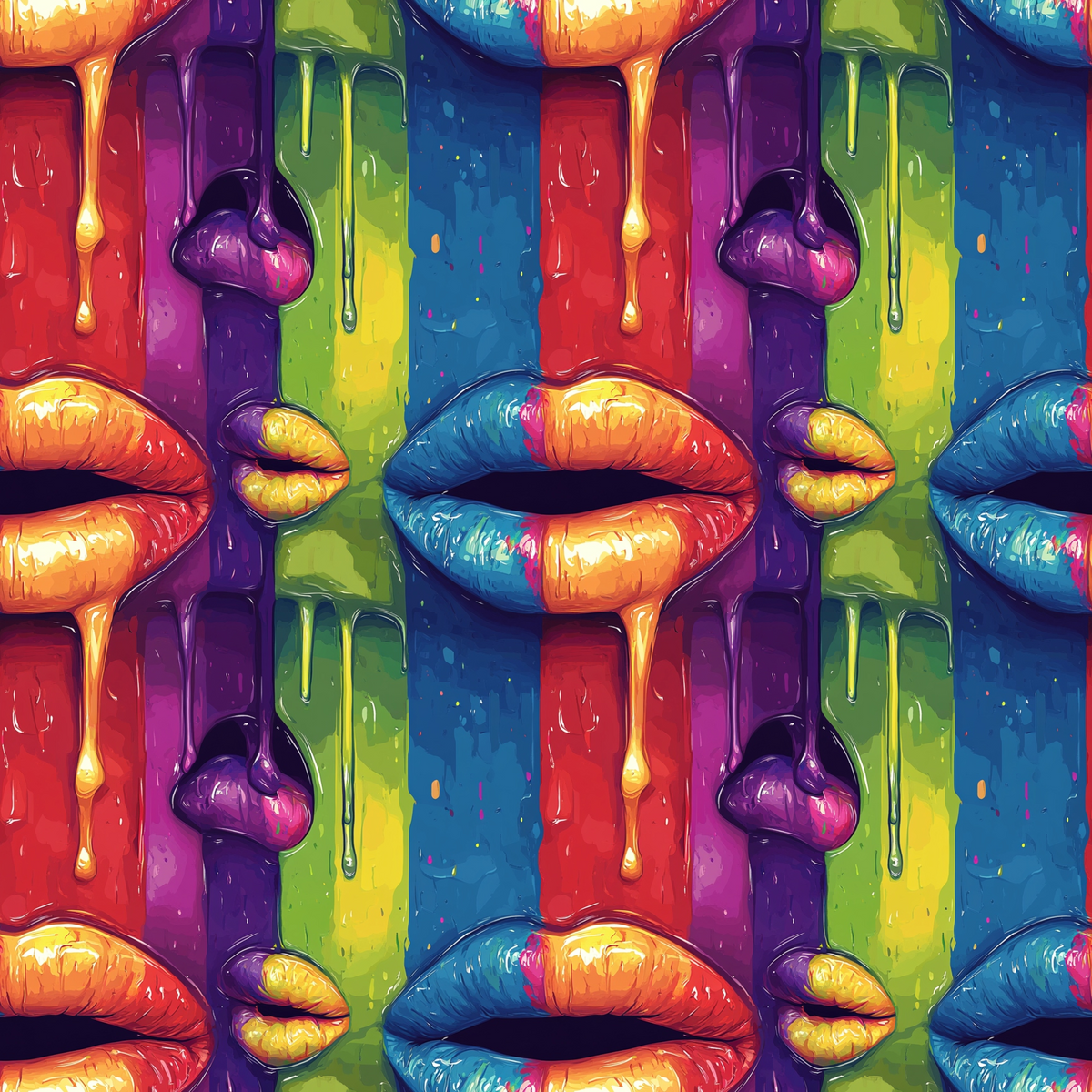 Colorful digital art depicting lips with multicolored dripping paint on a vibrant striped background, repeated in a seamless pattern.