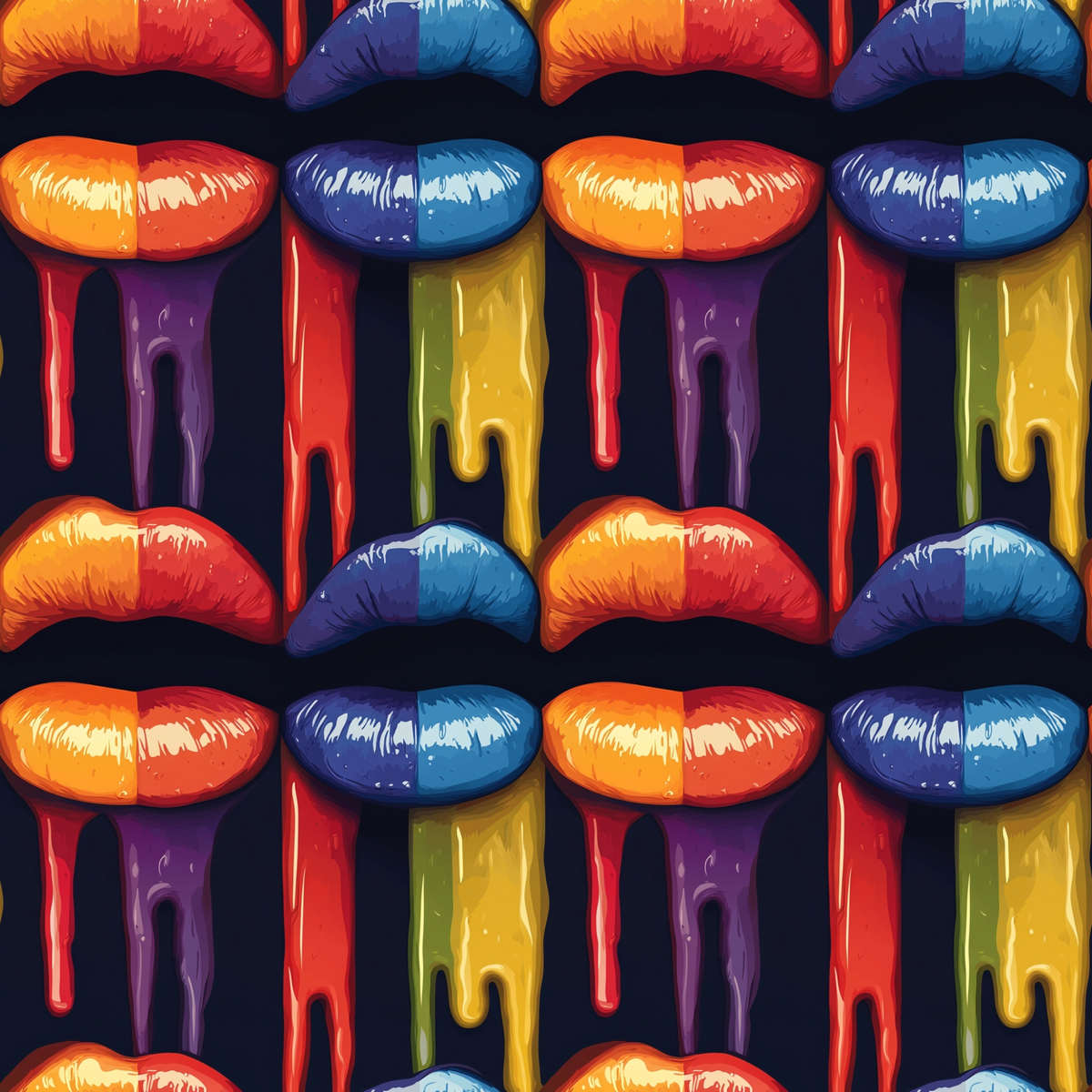 Pattern of colorful lips with rainbow paint dripping on a dark background.