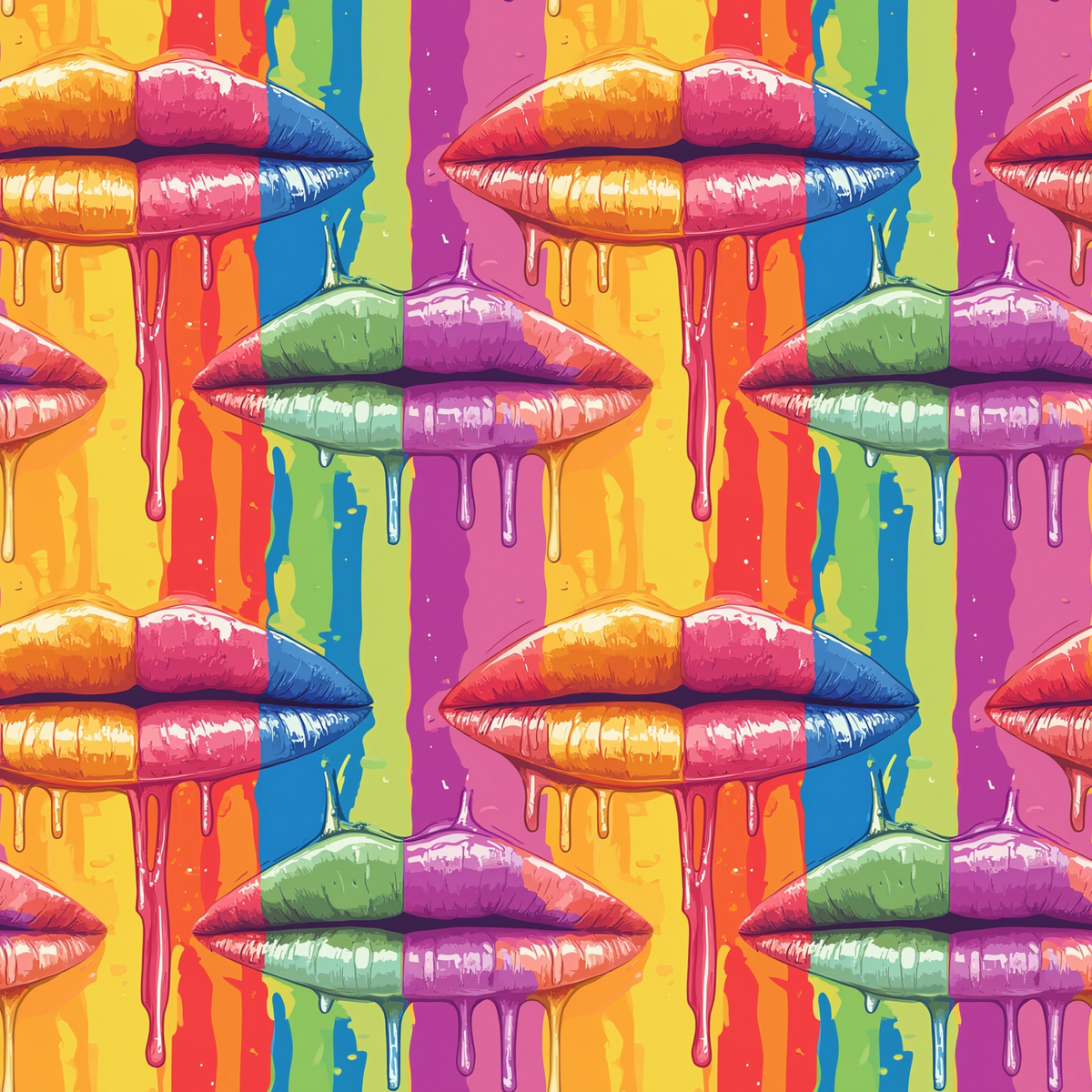 Colorful illustration of glossy lips with dripping paint, arranged in a repeating pattern against a rainbow-striped background.