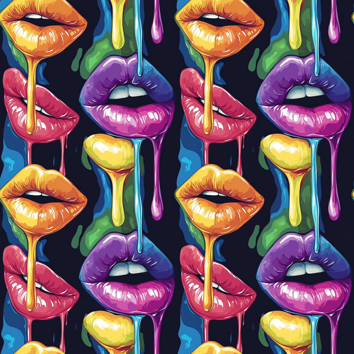 Colorful lips and drips pattern with vibrant hues of purple, pink, orange, yellow, green, and blue against a dark background.