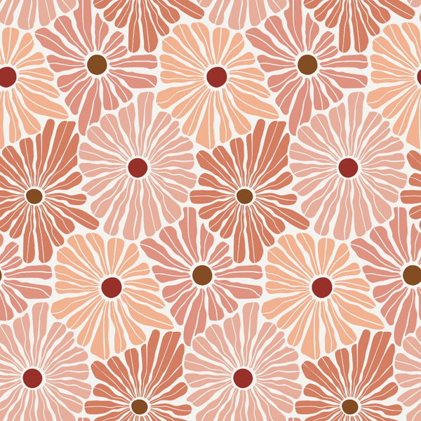 Retro Floral Pattern 1 Fabric with vintage flowers, blush pink, terracotta, peach, brown centers, seamless floral print, soft cotton material, quilting textile, classic blossom design, natural hues, fabric yardage for sewing projects.