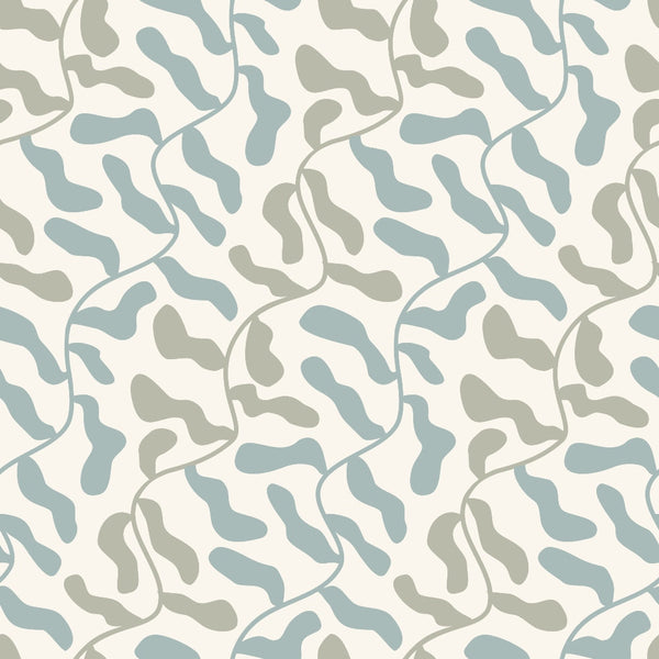 '- Retro Floral Pattern 10 Fabric - Cream background - Soft blue and beige abstract floral shapes - Organic curved lines - Vintage style - Textile yardage - Quilting material - Cotton fabric - Soft texture - Elegant design