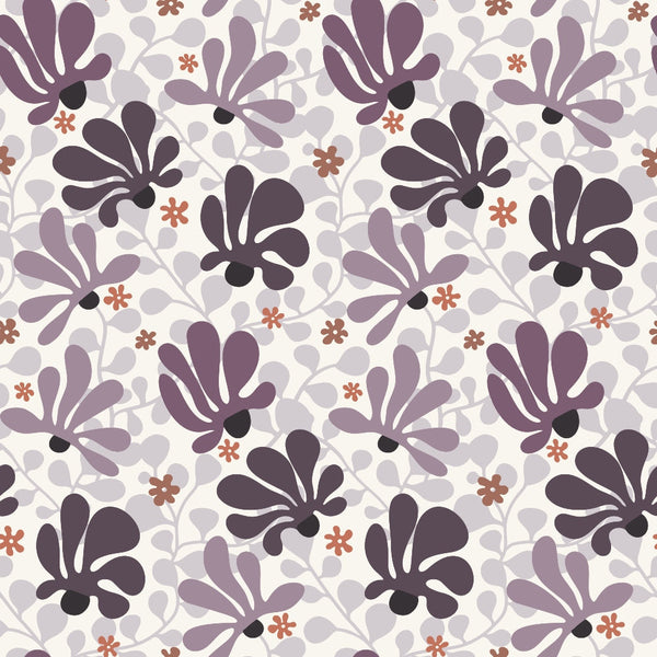Retro Floral Pattern 11 Fabric featuring purple, lavender, mauve, and brown floral motifs on a cream background, repeating botanical design, quilting, cotton fabric, premium yardage, traditional inspired print, soft texture, vintage style textiles, eco-friendly fabric.