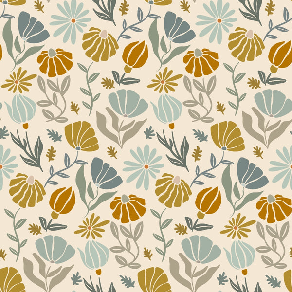 Retro Floral Pattern 2 Fabric, floral design, vintage style, muted colors, mustard yellow, teal blue, beige background, botanical print, quilting material, cotton textile, sewing fabric, craft fabric, natural fibers, decorative fabric, soft texture, premium quality, traditional style