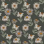 '- Retro Floral Pattern 3 Fabric - vintage floral design - muted green background - cream and beige flowers - orange centers - leafy botanical elements - soft texture - material - classic garden print - seamless repeating floral motif