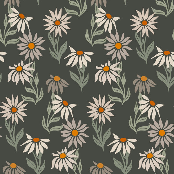 '- Retro Floral Pattern 3 Fabric - vintage floral design - muted green background - cream and beige flowers - orange centers - leafy botanical elements - soft texture - material - classic garden print - seamless repeating floral motif