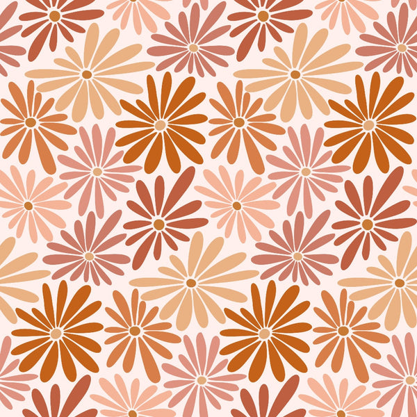 Retro Floral Pattern 4 Fabric, floral design, flowers, retro style, orange, brown, beige, pink, quilting, cotton, fabric, vintage, blooming, nature-inspired, seamless, textile, soft texture