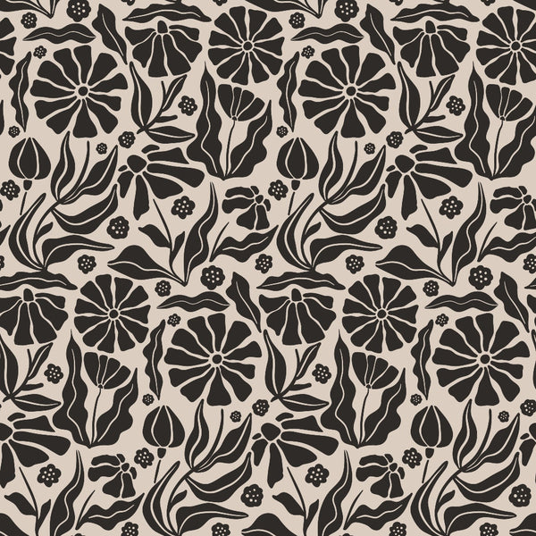 Retro Floral Pattern 6 Fabric featuring black floral silhouettes and leaves on a beige background, vintage style textile, cotton quilting material, traditional floral print, elegant botanical design, premium fabric suitable for quilting projects and crafts