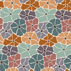 Retro Floral Pattern 7 Fabric with vintage floral design, multicolor petals in teal, rust, mauve, beige, and brown, seamless repeating flower motifs, cotton textile, quilting material, retro-inspired, soft texture, handcrafted pattern, classic floral print, natural fabric, artisan cotton fabric sold by the yard.