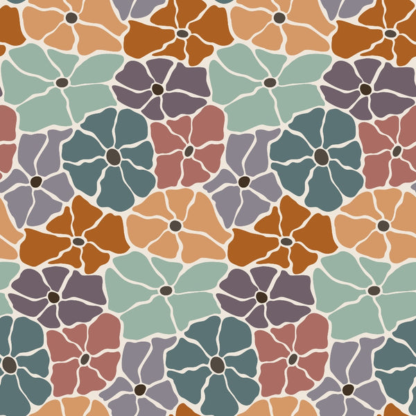 Retro Floral Pattern 7 Fabric with vintage floral design, multicolor petals in teal, rust, mauve, beige, and brown, seamless repeating flower motifs, cotton textile, quilting material, retro-inspired, soft texture, handcrafted pattern, classic floral print, natural fabric, artisan cotton fabric sold by the yard.